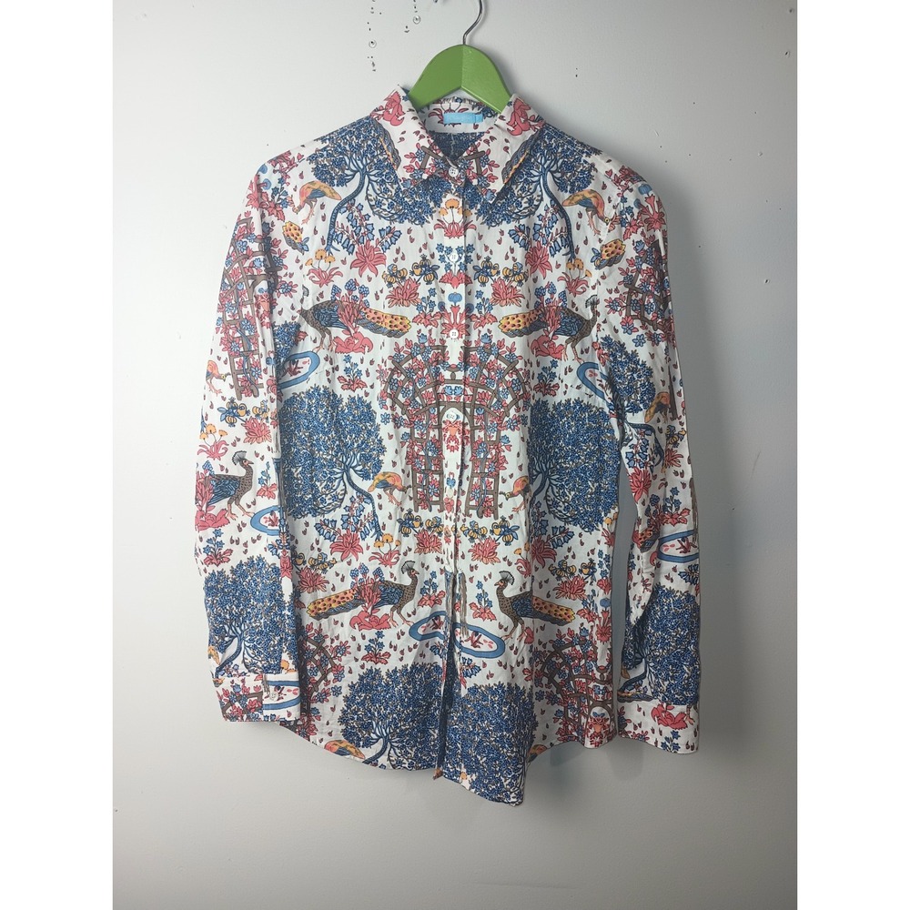 J.McLaughlin Women Small White Blue Peacock Garden Print Cotton Button Down Top